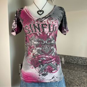 Y2K Sinful Bedazzled Grunge Cut Out Lace Birds Snake Print V neck Shirt